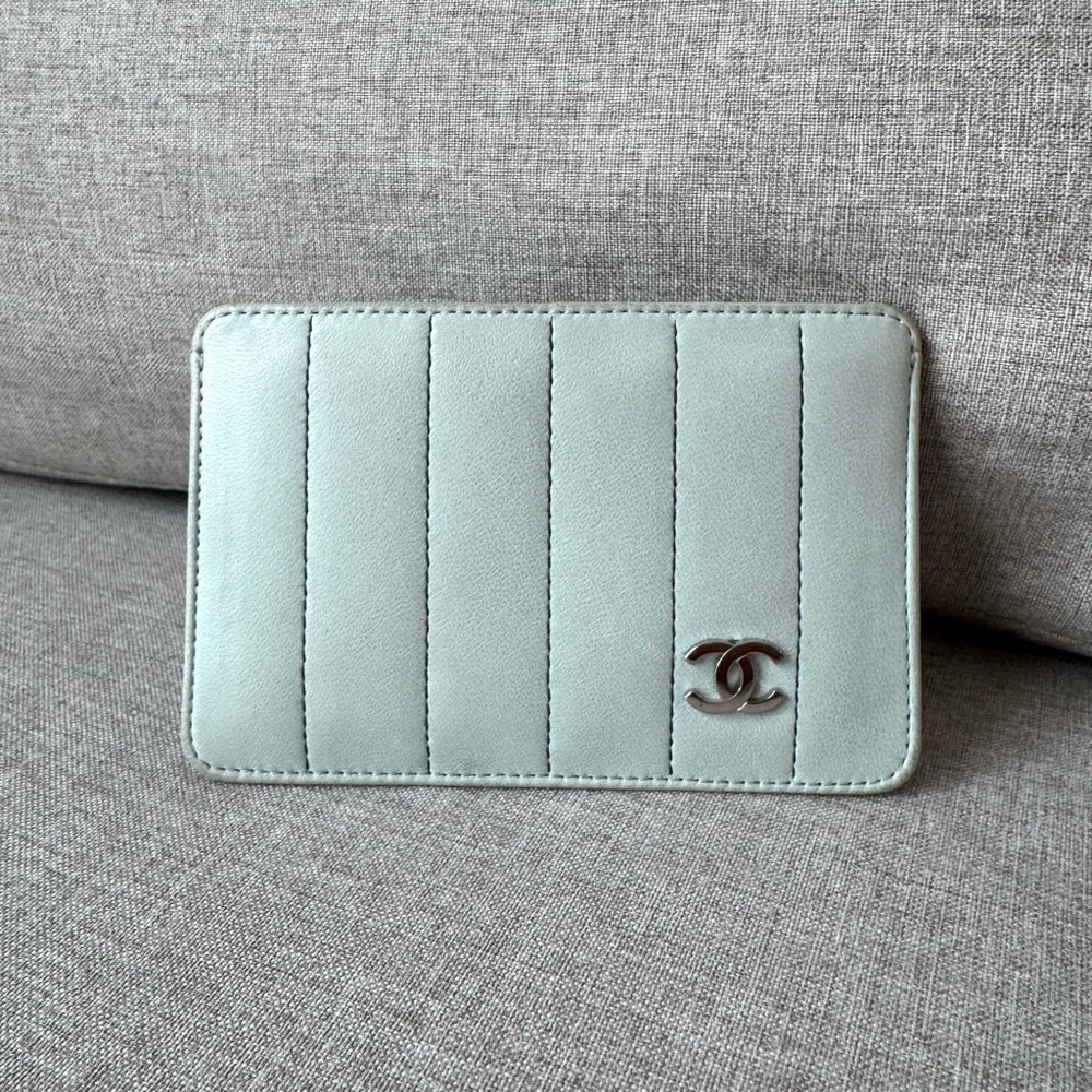 Chanel CC Logo Pale Blue Leather Silver Tone Monogram Cardholder Wallet Striped